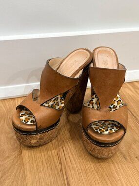 Jimmy Choo Vintage Tan Leather Leopard Cork Platform Mule Wedges EU 34.5 / US 4.